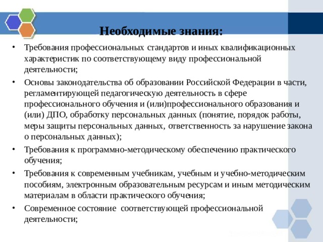 Необходимые знания: Требования профессиональных стандартов и иных квалификационных характеристик по соответствующему виду профессиональной деятельности; Основы законодательства об образовании Российской Федерации в части, регламентирующей педагогическую деятельность в сфере профессионального обучения и (или)профессионального образования и (или) ДПО, обработку персональных данных (понятие, порядок работы, меры защиты персональных данных, ответственность за нарушение закона о персональных данных); Требования к программно-методическому обеспечению практического обучения; Требования к современным учебникам, учебным и учебно-методическим пособиям, электронным образовательным ресурсам и иным методическим материалам в области практического обучения; Современное состояние соответствующей профессиональной деятельности;   