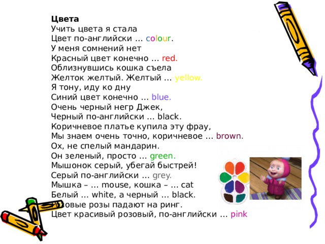 Цвета  Учить цвета я стала  Цвет по-английски … c o l o u r .  У меня сомнений нет  Красный цвет конечно … red.  Облизнувшись кошка съела  Желток желтый. Желтый … yellow.  Я тону, иду ко дну  Синий цвет конечно … blue.  Очень черный негр Джек,  Черный по-английски … black.  Коричневое платье купила эту фрау,  Мы знаем очень точно, коричневое … brown.  Ох, не спелый мандарин.  Он зеленый, просто … green.  Мышонок серый, убегай быстрей!  Серый по-английски … grey.  Мышка – … mouse, кошка – … cat  Белый … white, а черный … black.  Розовые розы падают на ринг.  Цвет красивый розовый, по-английски … pink 