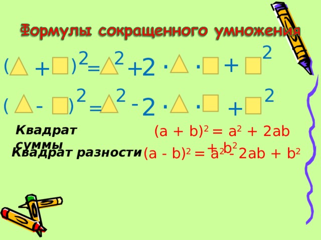 2 . . 2 2 2 + ( ) + + = . . 2 2 2 - - 2 + ) ( = Квадрат суммы (а + b) 2 = а 2 + 2аb + b 2 Квадрат разности (а - b) 2 = а 2 - 2аb + b 2  