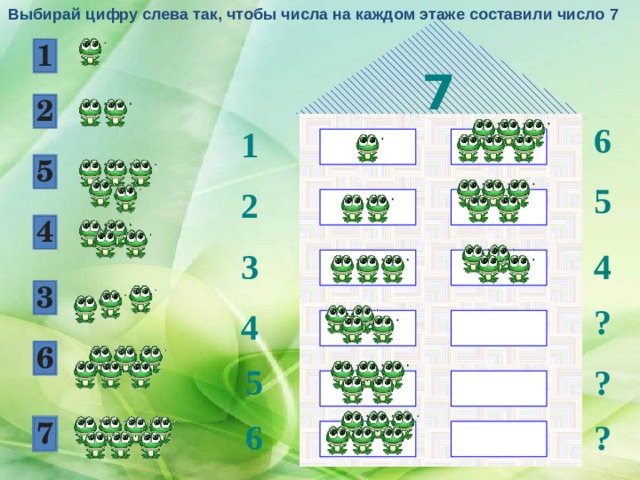 Выбирай цифру слева так, чтобы числа на каждом этаже составили число 7 7 6 1 5 2 4 3 ? 4 5 ? 6 ? 