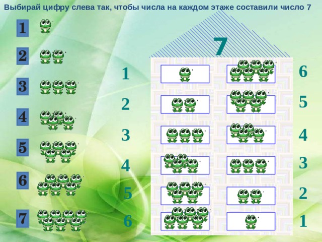 Выбирай цифру слева так, чтобы числа на каждом этаже составили число 7 7 6 1 5 2 3 4 3 4 5 2 6 1 