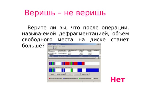 Веришь – не веришь  Верите ли вы, что после операции, называ-емой дефрагментацией, объем свободного места на диске станет больше? Нет 