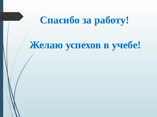 Спасибо за работу!   Желаю успехов в учебе! 