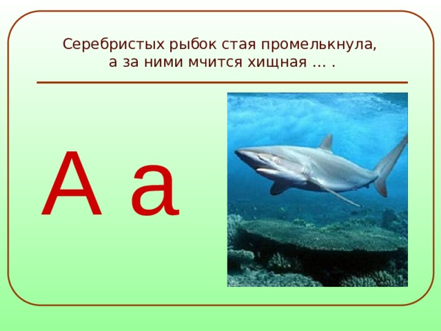 Серебристых рыбок стая промелькнула,  а за ними мчится хищная … . А а 