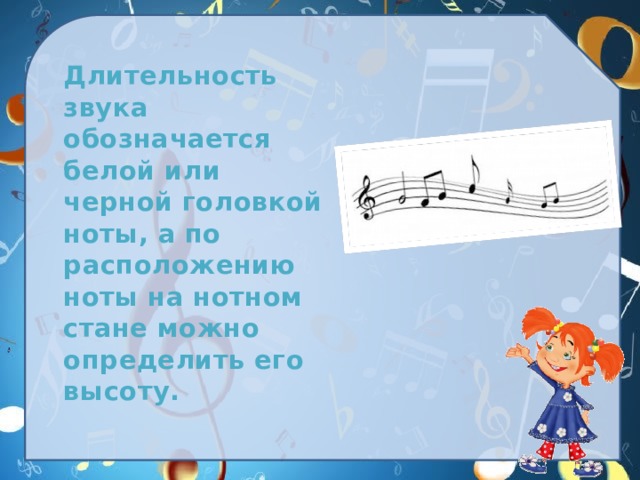   Длительность звука обозначается белой или черной головкой ноты, а по расположению ноты на нотном стане можно определить его высоту. 