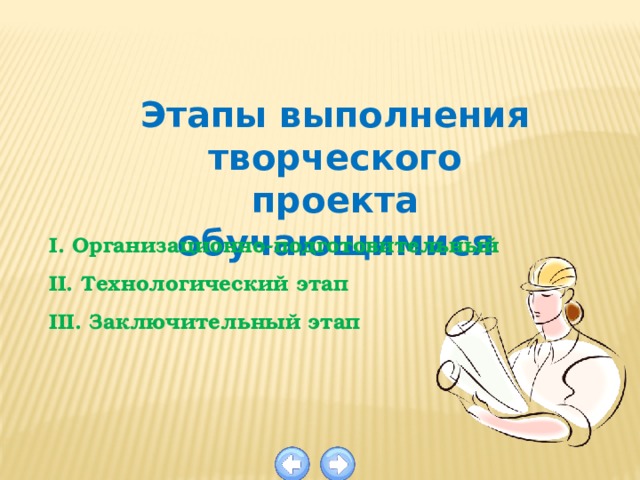 Этапы выполнения творческого проекта обучающимися I. Организационно-подготовительный II. Технологический этап III. Заключительный этап  