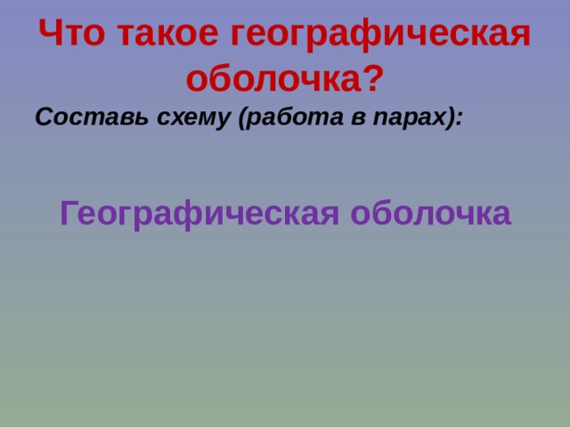 Что такое географическая оболочка? Составь схему (работа в парах):  Географическая оболочка 