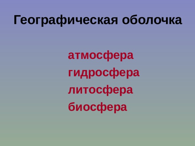 Географическая оболочка   атмосфера  гидросфера  литосфера  биосфера 