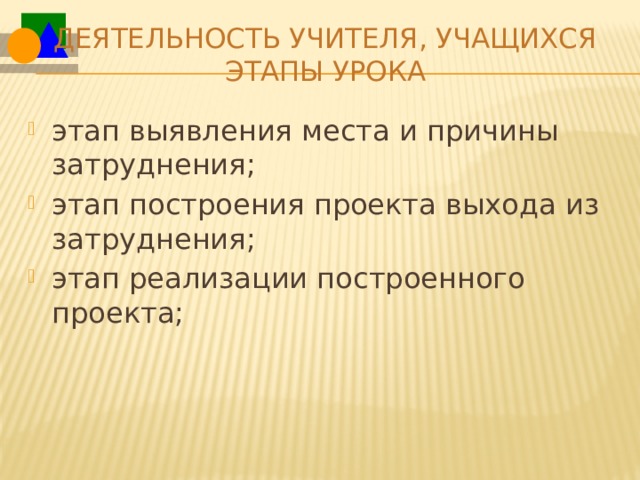 Деятельность учителя, учащихся  Этапы урока этап выявления места и причины затруднения; этап построения проекта выхода из затруднения; этап реализации построенного проекта; 