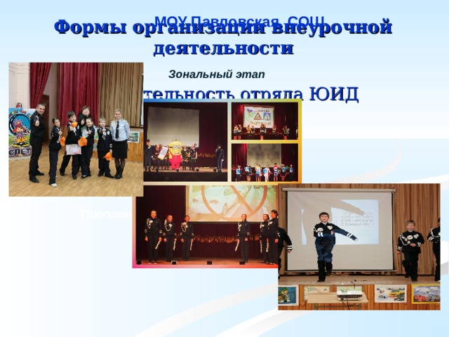 МОУ Павловская СОШ Формы организации внеурочной деятельности Зональный этап Деятельность отряда ЮИД Пропаганда знаний Пропаганда ПДД Участие в Слетах ЮИД 