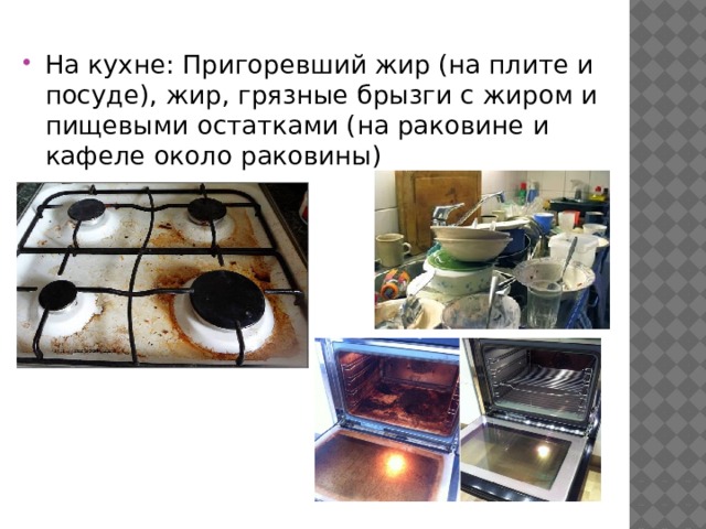 На кухне: Пригоревший жир (на плите и посуде), жир, грязные брызги с жиром и пищевыми остатками (на раковине и кафеле около раковины) 