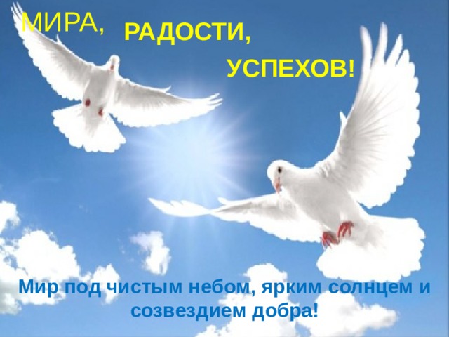 МИРА, РАДОСТИ, УСПЕХОВ! Мир под чистым небом, ярким солнцем и созвездием добра! 