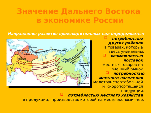 Значение Дальнего Востока в экономике России  Направления развития производительных сил определяются: потребностью потребностью других районов  в товарах, которые здесь уникальны. возможностью возможностью поставок  местных товаров на внешний рынок. потребностью потребностью местного населения  в малотранспортабельной и скоропортящейся продукции. потребностью местного хозяйства потребностью местного хозяйства в продукции, производство которой на месте экономичнее. 