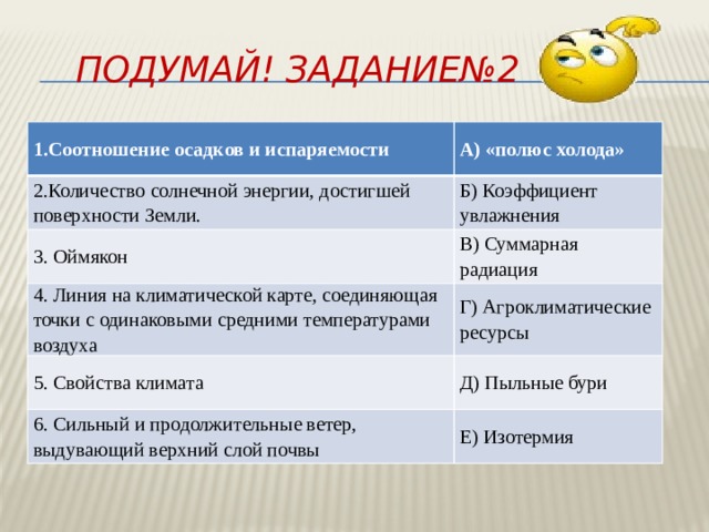 Подумай! Задание№2 1.Соотношение осадков и испаряемости А) «полюс холода» 2.Количество солнечной энергии, достигшей поверхности Земли. Б) Коэффициент увлажнения 3. Оймякон В) Суммарная радиация 4. Линия на климатической карте, соединяющая точки с одинаковыми средними температурами воздуха Г) Агроклиматические ресурсы 5. Свойства климата Д) Пыльные бури 6. Сильный и продолжительные ветер, выдувающий верхний слой почвы Е) Изотермия 