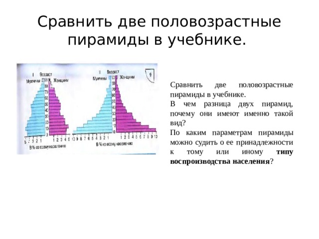 Сравнить две половозрастные пирамиды в учебнике. Сравнить две половозрастные пирамиды в учебнике. В чем разница двух пирамид, почему они имеют именно такой вид? По каким параметрам пирамиды можно судить о ее принадлежности к тому или иному типу воспроизводства населения ? 