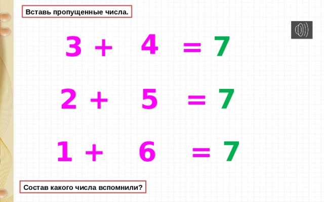Вставь пропущенные числа.  4  3 + = 7  2 + = 7  5  1 + = 7  6 Состав какого числа вспомнили? 