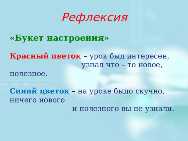Рефлексия «Букет настроения» Красный цветок – урок был интересен,  узнал что – то новое, полезное. Синий цветок – на уроке было скучно, ничего нового  и полезного вы не узнали. 