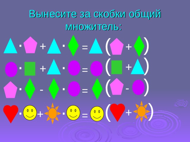 ( ( ( ( Вынесите за скобки общий множитель: . . ( + + = . . ( + + = . . ( - - = . . ( + + = 