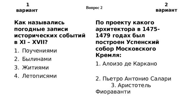 Вопрос 2 2 вариант 1 вариант Как назывались погодные записи исторических событий в XI – XVII? По проекту какого архитектора в 1475-1479 годах был построен Успенский собор Московского Кремля: Поучениями Былинами Житиями Летописями 1. Алоизо де Каркано 2. Пьетро Антонио Салари 3. Аристотель Фиораванти 