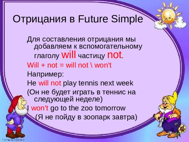 Отрицания в Future Simple Для составления отрицания мы добавляем к вспомогательному глаголу will частицу not . Will + not = will not \ won’t Например: He will  not play tennis next week (Он не будет играть в теннис на следующей неделе) I won’t go to the zoo tomorrow  (Я не пойду в зоопарк завтра) 