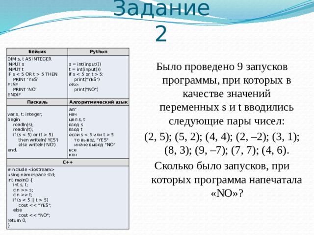   Задание 2 Бейсик Python DIM s, t AS INTEGER Паскаль INPUT s s = int(input()) INPUT t var s, t: integer; t = int(input()) Алгоритмический язык С++ begin алг if s  5: IF s  5 THEN нач      print(