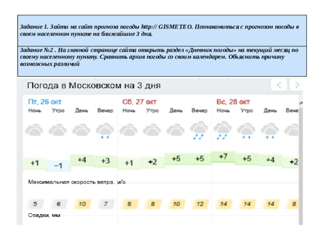  Задание 1. Зайти на сайт прогноза погоды http:// GISMETEO. Познакомиться с прогнозом погоды в своем населенном пункте на ближайшие 3 дня. Задание №2 . На главной странице сайта открыть раздел «Дневник погоды» на текущий месяц по своему населенному пункту. Сравнить архив погоды со своим календарем. Объяснить причину возможных различий 
