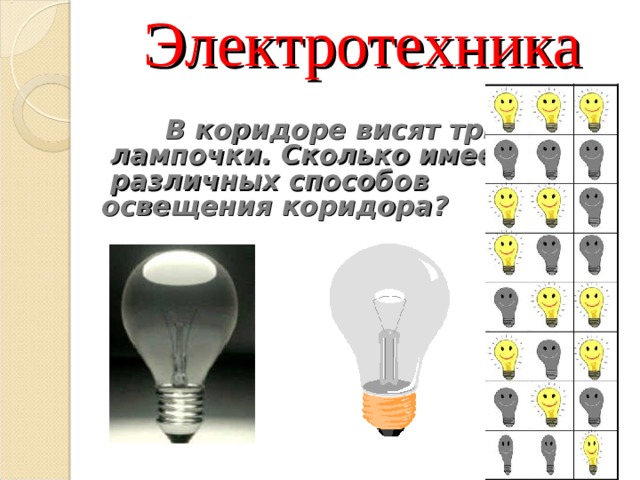 Электротехника  В коридоре висят три  лампочки. Сколько имеется  различных способов освещения коридора? 