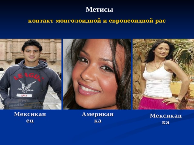 Метисы контакт монголоидной и европеоидной рас Американка Мексиканец Мексиканка 