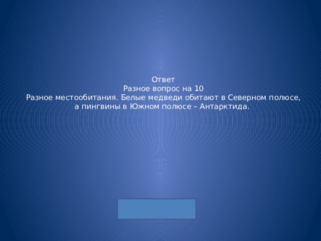 Ответ  Разное вопрос на 10  Разное местообитания. Белые медведи обитают в Северном полюсе, а пингвины в Южном полюсе – Антарктида. 