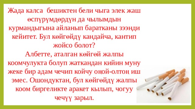 Жада калса бешиктен бели чыга элек жаш өспүрүмдөрдүн да чылымдын курмандыгына айланып баратканы зээнди кейитет. Бул көйгөйдү кандайча, кантип жойсо болот? Албетте, аталган көйгөй жалпы коомчулукта болуп жаткандан кийин муну жеке бир адам чечип койчу оңой-олтоң иш эмес. Ошондуктан, бул көйгөйдү жалпы коом биргеликте аракет кылып, чогуу чечүү зарыл. 