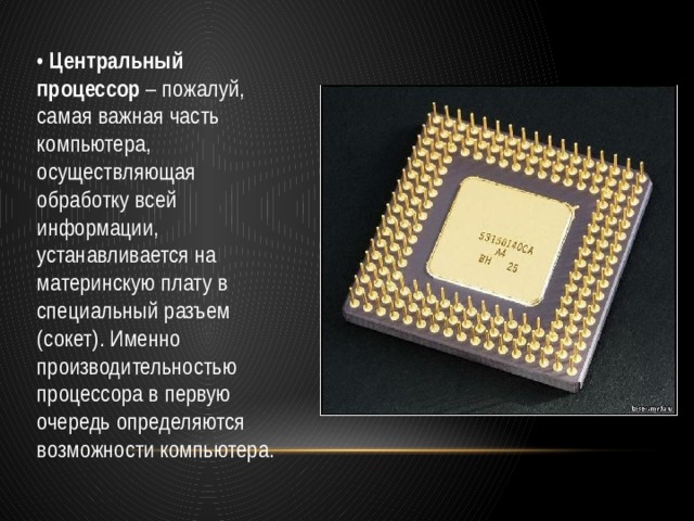 •  Центральный процессор – пожалуй, самая важная часть компьютера, осуществляющая обработку всей информации, устанавливается на материнскую плату в специальный разъем (сокет). Именно производительностью процессора в первую очередь определяются возможности компьютера. 