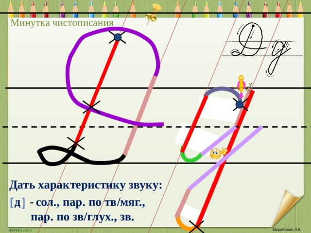 Минутка чистописания Каждый шаг алгоритма написания буквы запускается кликом мыши. Автор работы: Марабаева Л.А., учитель начальных классов ГОУ СОШ №1207 г. Москва Дать характеристику звуку: д  -  сол., пар. по тв/мяг.,  пар. по зв/глух., зв. Марабаева Л.А .  
