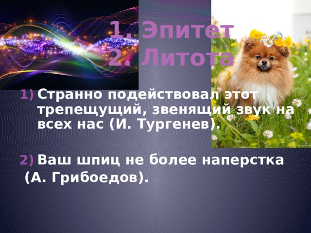 1. Эпитет  2. Литота  Странно подействовал этот трепещущий, звенящий звук на всех нас (И. Тургенев).  Ваш шпиц не более наперстка  (А. Грибоедов). 