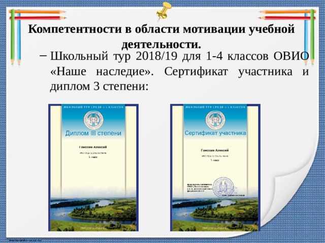 Компетентности в области мотивации учебной деятельности. Школьный тур 2018/19 для 1-4 классов ОВИО «Наше наследие». Сертификат участника и диплом 3 степени: Школьный тур 2018/19 для 1-4 классов ОВИО «Наше наследие». Сертификат участника и диплом 3 степени: 