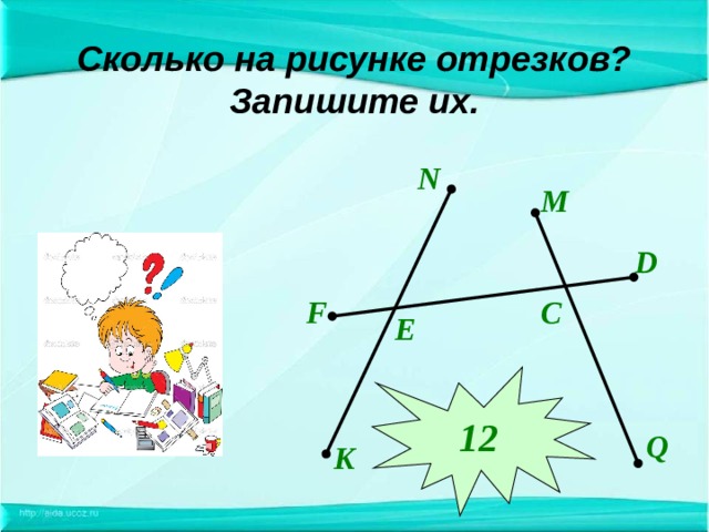 Сколько на рисунке отрезков?  Запишите их. N M D F C E 12 Q K 