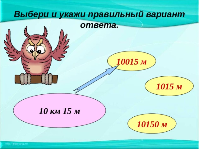 Выбери и укажи правильный вариант ответа. 10015 м 1015 м 10 км 15 м 10150 м 