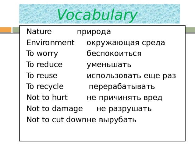 Vocabulary  Nature    природа  Environment   окружающая среда   To worry    беспокоиться  To reduce    уменьшать  To reuse    использовать еще раз  To recycle  перерабатывать  Not to hurt   не причинять вред  Not to damage   не разрушать  Not to cut down  не вырубать 