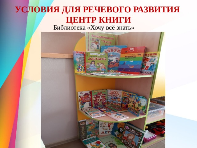 УСЛОВИЯ ДЛЯ РЕЧЕВОГО РАЗВИТИЯ  ЦЕНТР КНИГИ Библиотека «Хочу всё знать» 