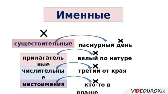 Именные вялый существительные пасмурный день вялый прилагательные вялый по натуре числительные третий от края местоимения кто-то в плаще 