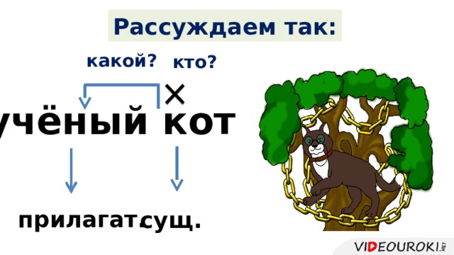 Рассуждаем так: какой? кто? учёный кот сущ.  прилагат. 