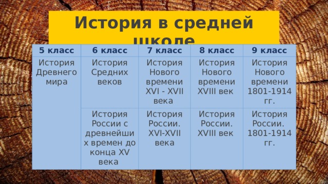 История в средней школе 5 класс 6 класс История Древнего мира 7 класс История Средних веков 8 класс История России с древнейших времен до конца XV века История Нового времени XVI - XVII века История Нового времени XVIII век 9 класс История России. XVI-XVII века История России. XVIII век История Нового времени 1801-1914 гг. История России. 1801-1914 гг. 