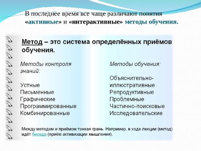 В последнее время все чаще различают понятия « активные » и «интерактивные» методы обучения. 