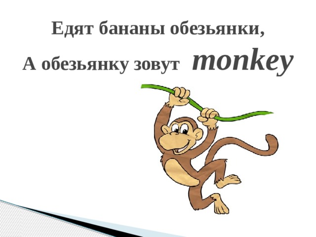 Едят бананы обезьянки,  А обезьянку зовут  monkey   