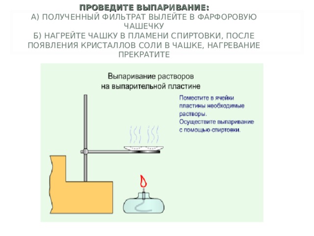 ПРОВЕДИТЕ ВЫПАРИВАНИЕ:  А) ПОЛУЧЕННЫЙ ФИЛЬТРАТ ВЫЛЕЙТЕ В ФАРФОРОВУЮ ЧАШЕЧКУ  Б) НАГРЕЙТЕ ЧАШКУ В ПЛАМЕНИ СПИРТОВКИ, ПОСЛЕ ПОЯВЛЕНИЯ КРИСТАЛЛОВ СОЛИ В ЧАШКЕ, НАГРЕВАНИЕ ПРЕКРАТИТЕ   