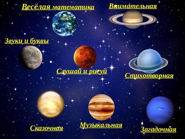 Внимательная Весёлая математика Звуки и буквы Слушай и рисуй Стихотворная Музыкальная Сказочная Загадочная 