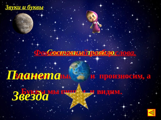 Звуки и буквы Составим правило. Фонетический разбор слова.         и произносим, а Звуки  мы слышим Планета      пишем, видим. Буквы мы  и Звезда 