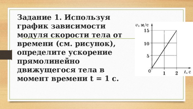 Задание 1. Используя график зависимости модуля скорости тела от времени (см. рисунок), определите ускорение прямолинейно движущегося тела в момент времени t = 1 с. 