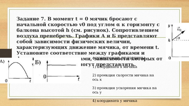 Задание 7. В момент t = 0 мячик бросают с начальной скоростью v0 под углом α к горизонту с балкона высотой h (см. рисунок). Сопротивлением воздуха пренебречь. Графики А и Б представляют собой зависимости физических величин, характеризующих движение мячика, от времени t. Установите соответствие между графиками и физическими величинами, зависимости которых от времени эти графики могут представлять. ФИЗИЧЕСКИЕ ВЕЛИЧИНЫ 1) координата х мячика 2) проекция скорости мячика на ось х 3) проекция ускорения мячика на ось у 4) координата y мячика 