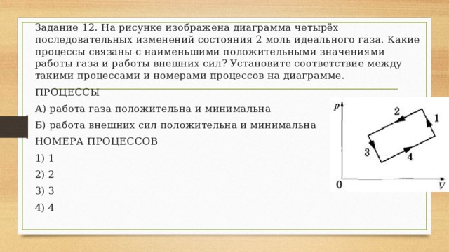 Задание 12. На рисунке изображена диаграмма четырёх последовательных изменений состояния 2 моль идеального газа. Какие процессы связаны с наименьшими положительными значениями работы газа и работы внешних сил? Установите соответствие между такими процессами и номерами процессов на диаграмме. ПРОЦЕССЫ А) работа газа положительна и минимальна Б) работа внешних сил положительна и минимальна НОМЕРА ПРОЦЕССОВ 1) 1 2) 2 3) 3 4) 4 