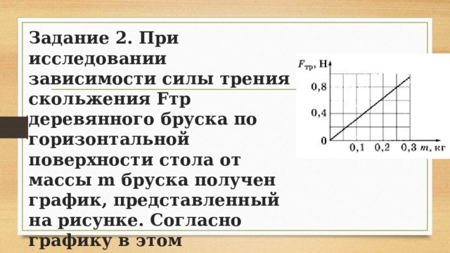 Задание 2. При исследовании зависимости силы трения скольжения Fтр деревянного бруска по горизонтальной поверхности стола от массы m бруска получен график, представленный на рисунке. Согласно графику в этом исследовании коэффициент трения равен 